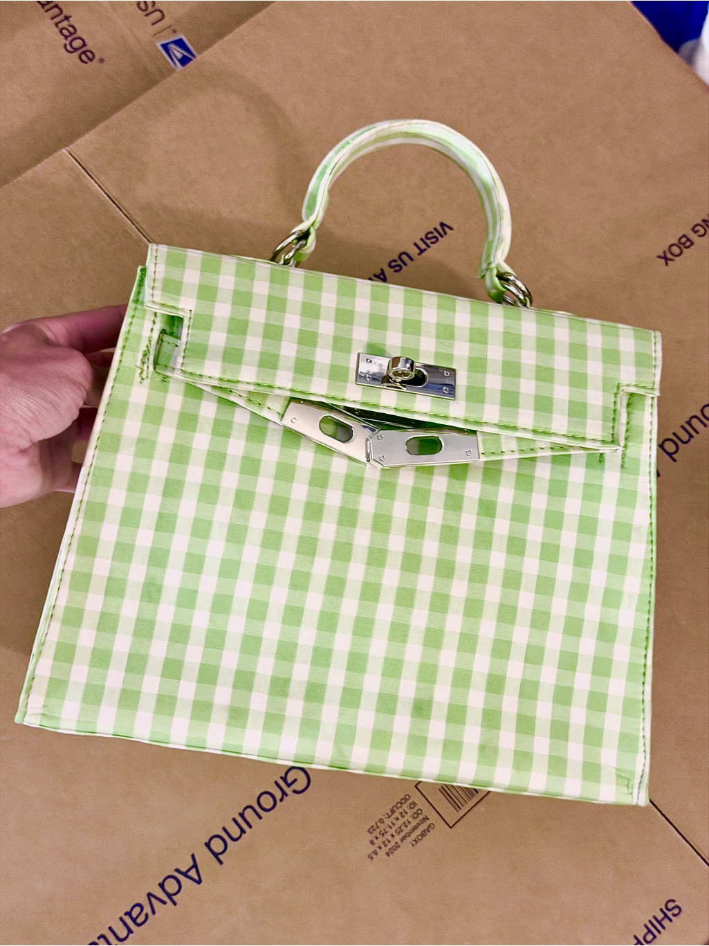 Green And White Gingham Top-Handle Crossbody Handbag
